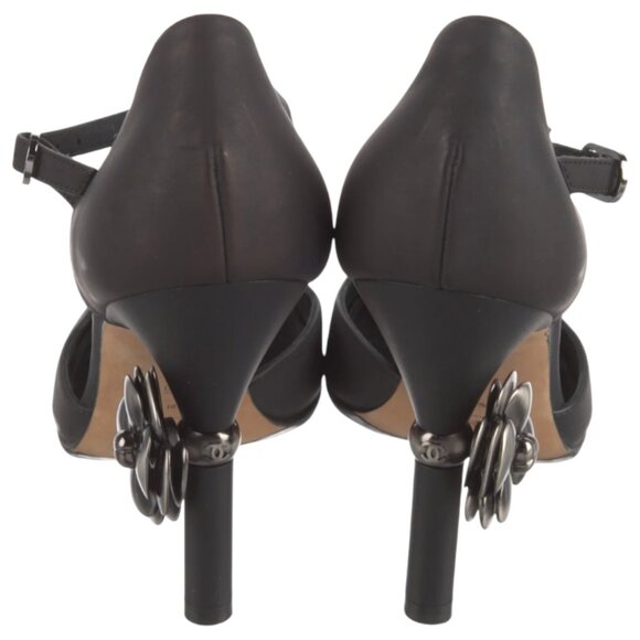 Chanel Mary Jane Camellia CC Logo T-Strap Black Leather Pumps - Picture 4 of 5
